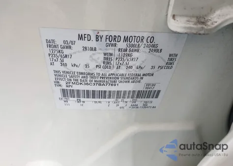 2007 Ford Edge Se из США, поврежденный, VIN 2FMDK36C37BA77691